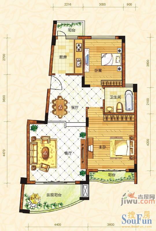 塞纳维拉花园3室2厅2卫122.5㎡户型图