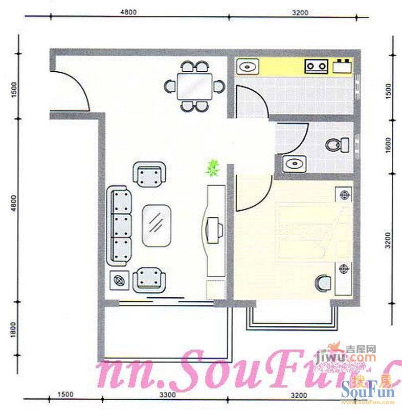 锦绣年华1室2厅1卫56.6㎡户型图