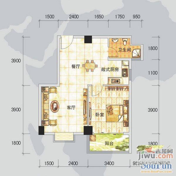 永凯现代广场1室2厅1卫78.4㎡户型图