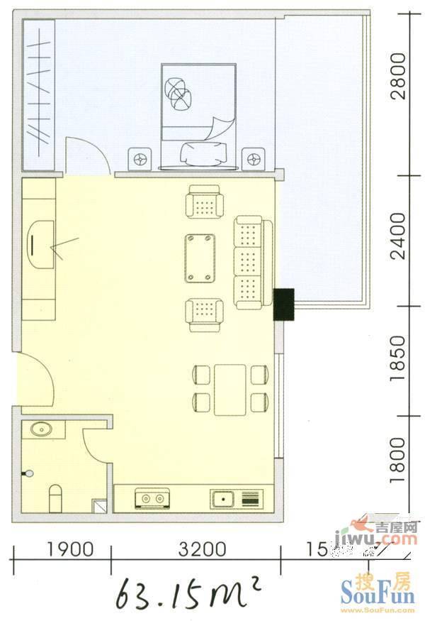 新朝阳1室1厅1卫53.3㎡户型图