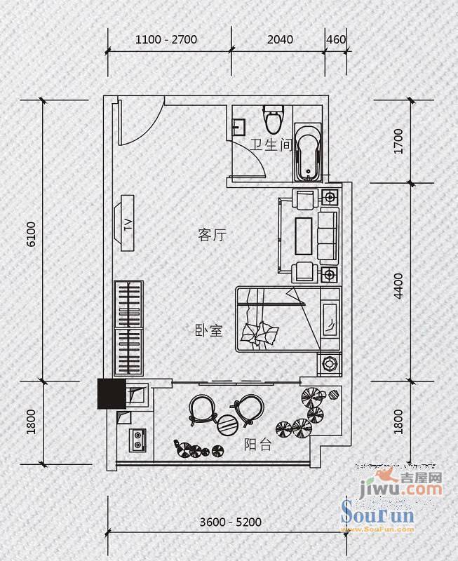 汇东大公馆1室1厅1卫48.8㎡户型图