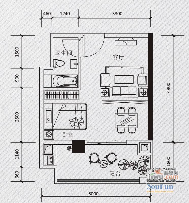 汇东大公馆1室1厅1卫48.8㎡户型图