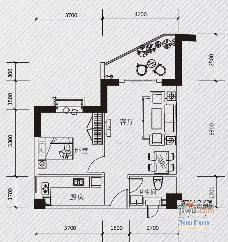 汇东大公馆1室1厅1卫48.8㎡户型图