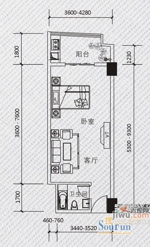 汇东大公馆1室1厅1卫48.8㎡户型图