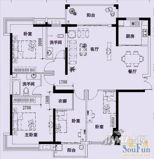 香江花园3室2厅2卫户型图