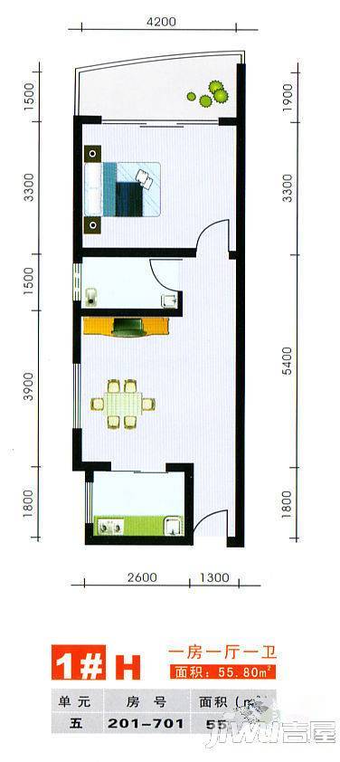 鑫金现代城1室1厅1卫55.8㎡户型图