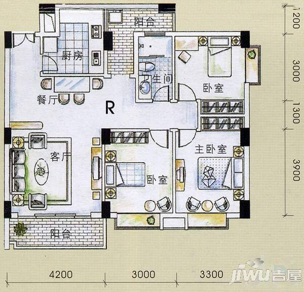 向南居金溪园3室2厅2卫户型图