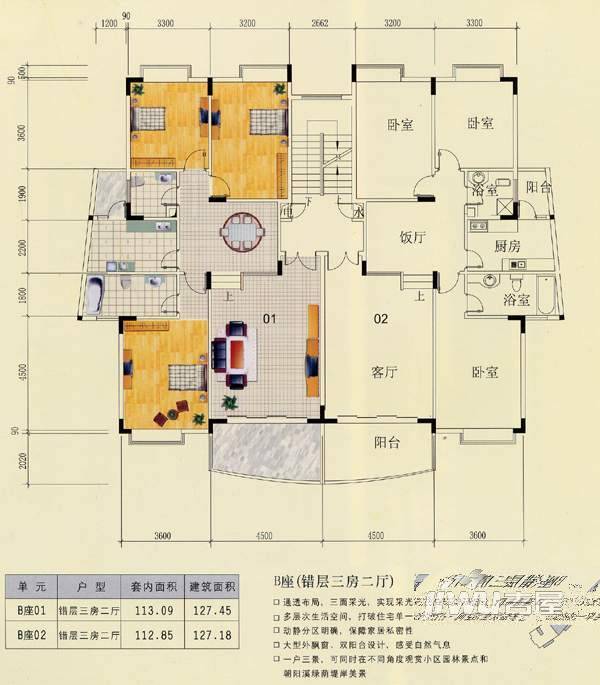 绿城翠堤湾3室2厅2卫127.5㎡户型图