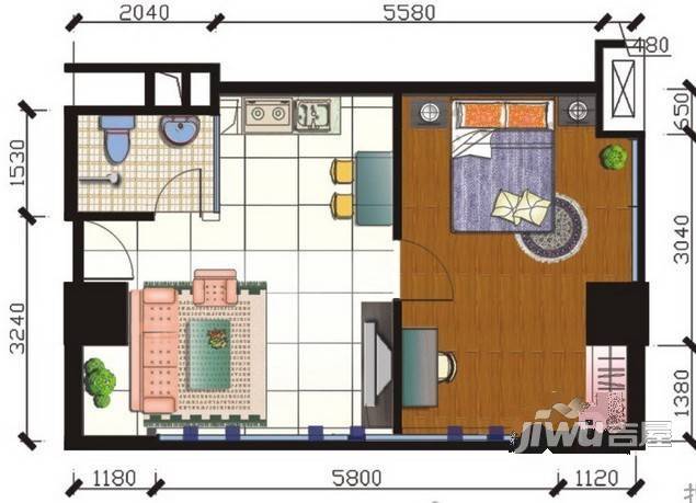 希尔顿阳光1室2厅1卫55.1㎡户型图