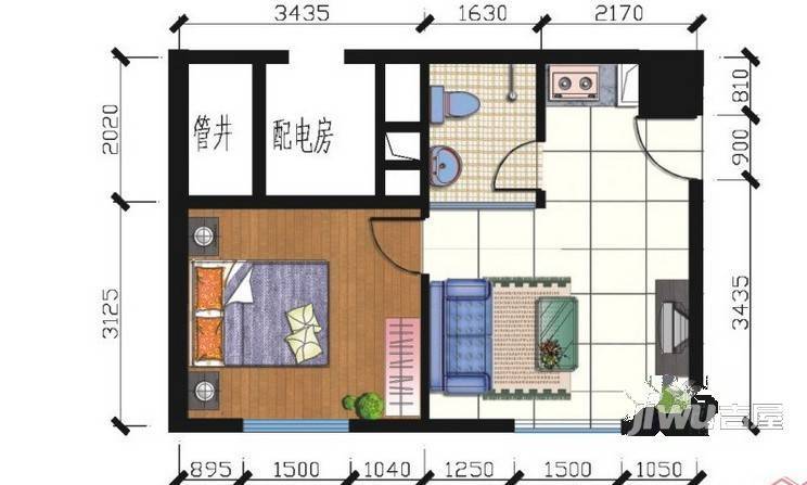 希尔顿阳光1室2厅1卫55.1㎡户型图