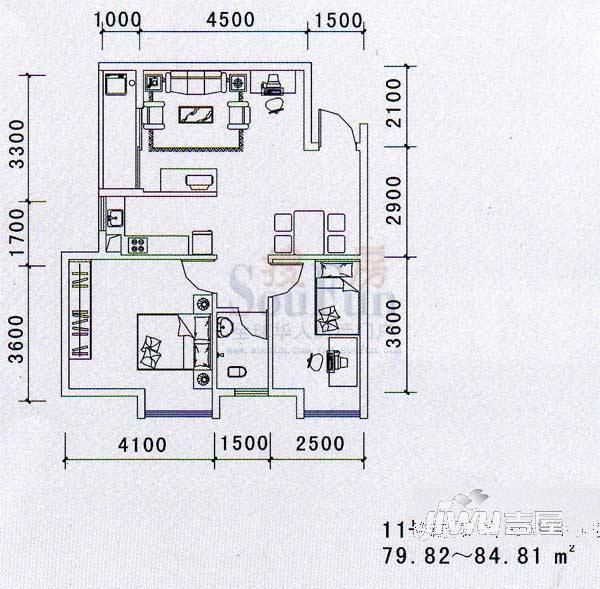 希尔顿阳光1室2厅1卫55.1㎡户型图