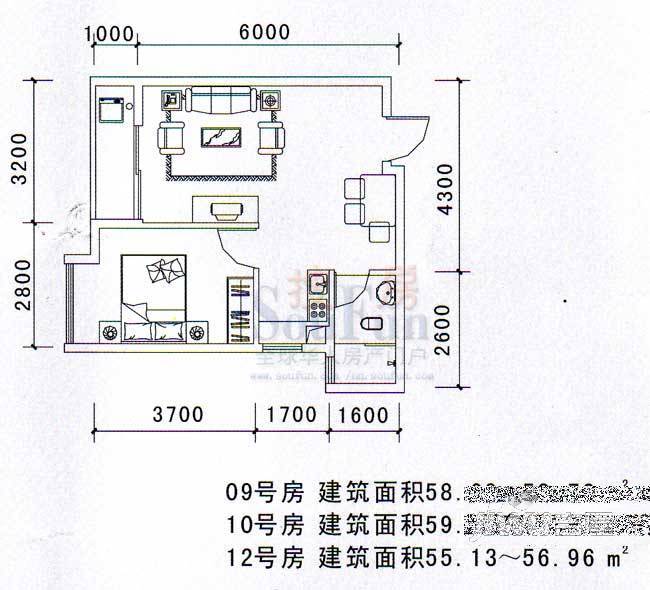 希尔顿阳光1室2厅1卫55.1㎡户型图