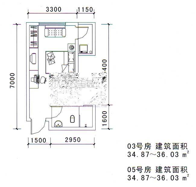 希尔顿阳光1室2厅1卫55.1㎡户型图