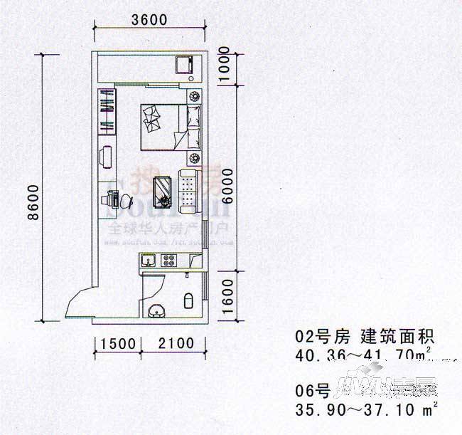 希尔顿阳光1室2厅1卫55.1㎡户型图