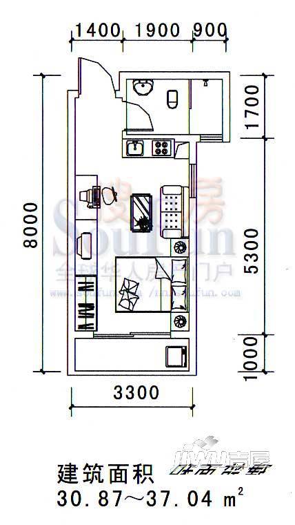 希尔顿阳光1室2厅1卫55.1㎡户型图