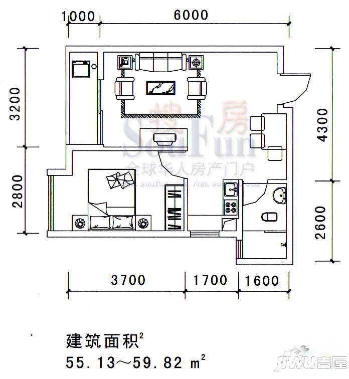 希尔顿阳光1室2厅1卫55.1㎡户型图