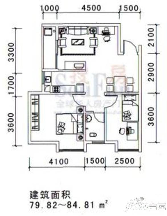 希尔顿阳光1室2厅1卫55.1㎡户型图