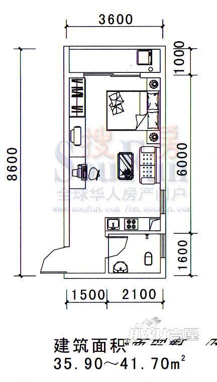 希尔顿阳光1室2厅1卫55.1㎡户型图