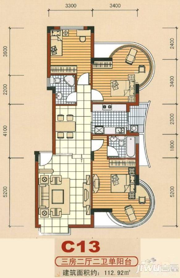 振宁翠峰3室2厅1卫91.5㎡户型图