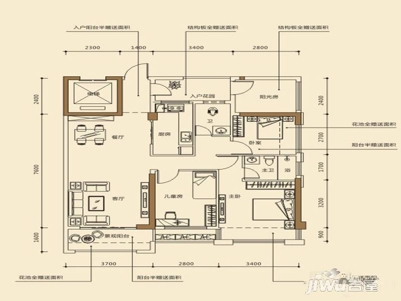 时代茗城|财富天下3室2厅2卫98㎡户型图