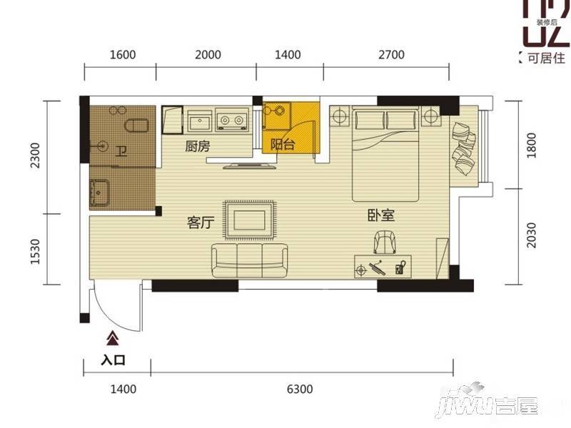 丰泽SOHO1室1厅1卫40.2㎡户型图