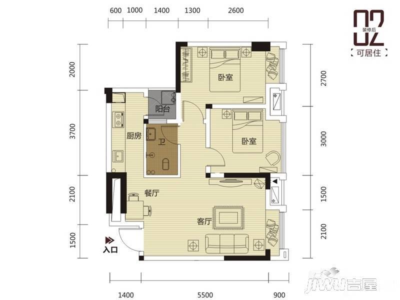 丰泽SOHO2室2厅1卫70.3㎡户型图