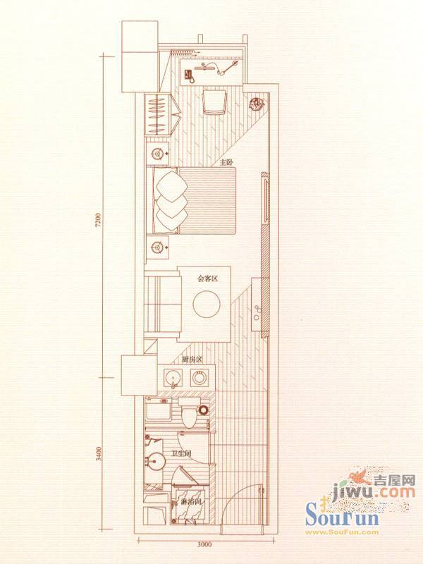 公园壹号国际公寓1室2厅1卫43.6㎡户型图