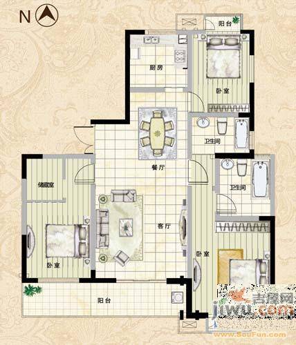 九洲花园3室2厅1卫110㎡户型图