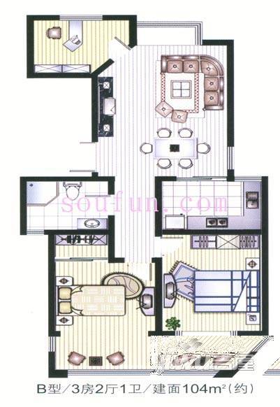 盛世名门3室2厅1卫104㎡户型图