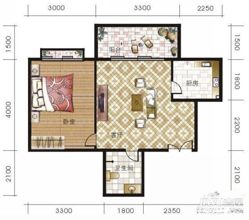 南山花园1室1厅1卫51.4㎡户型图