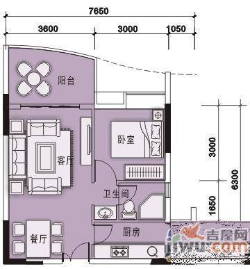 海韵假日休闲公寓1室2厅2卫57.1㎡户型图