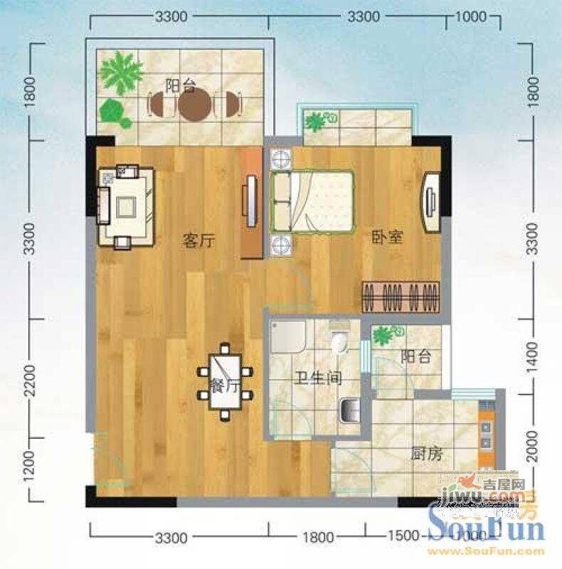 凤凰山城1室2厅1卫51.1㎡户型图