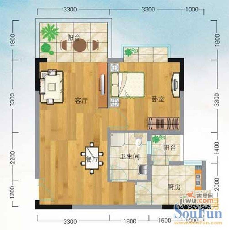 凤凰山城1室2厅1卫51.1㎡户型图