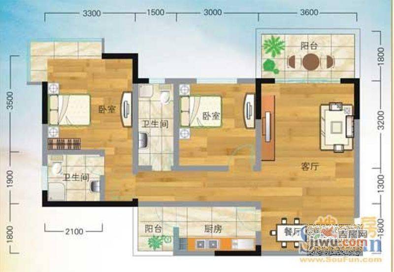 凤凰山城1室2厅1卫51.1㎡户型图