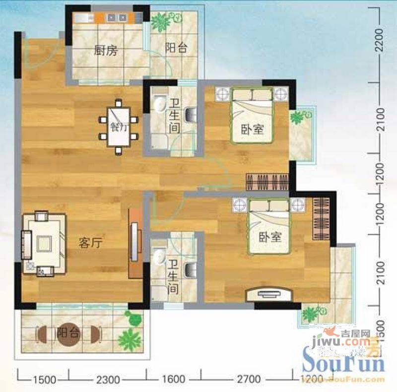 凤凰山城1室2厅1卫51.1㎡户型图