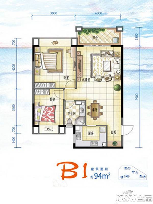 万宁国瑞城2室2厅1卫94㎡户型图