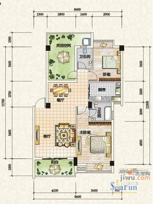 嘉汇龙潭2室2厅2卫104.8㎡户型图