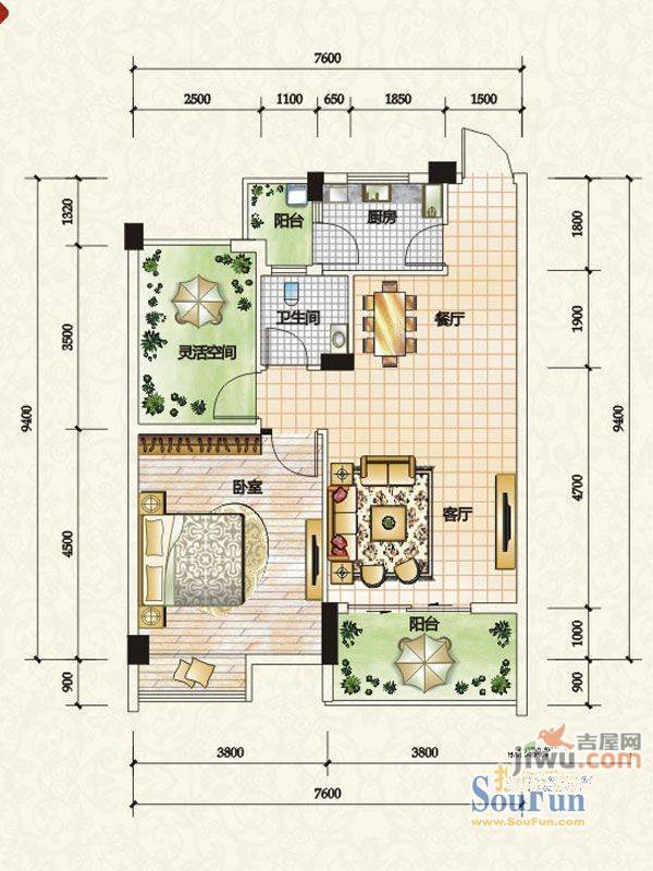 嘉汇龙潭1室2厅1卫71.9㎡户型图