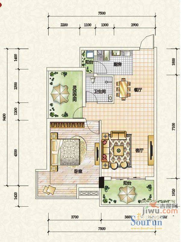 嘉汇龙潭1室2厅1卫73.3㎡户型图