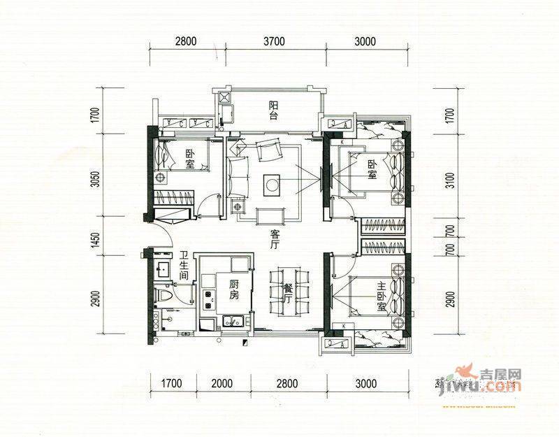 都市华城3室2厅1卫152㎡户型图