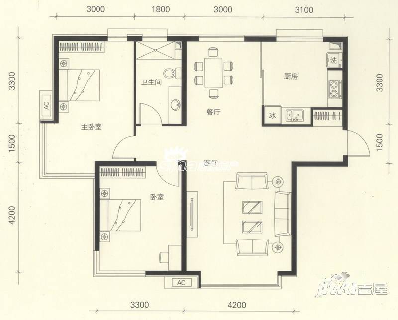 全景大厦住宅2室1厅1卫户型图