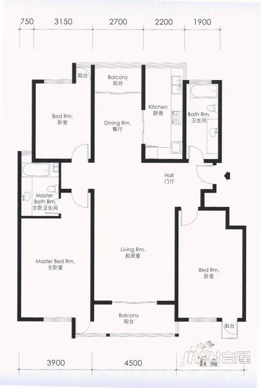 全景大厦住宅2室1厅1卫户型图