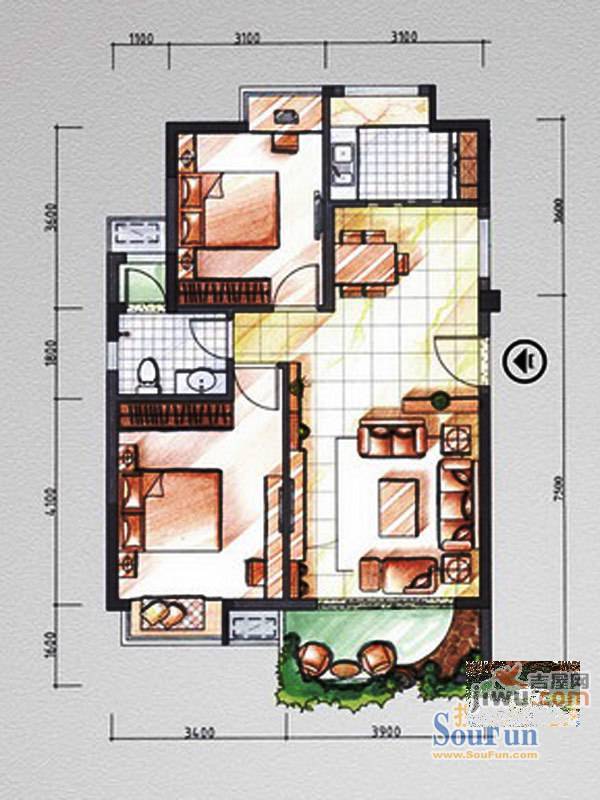 筼筜书院2室2厅1卫87.4㎡户型图