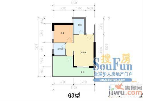 集美滨水1室1厅1卫41㎡户型图