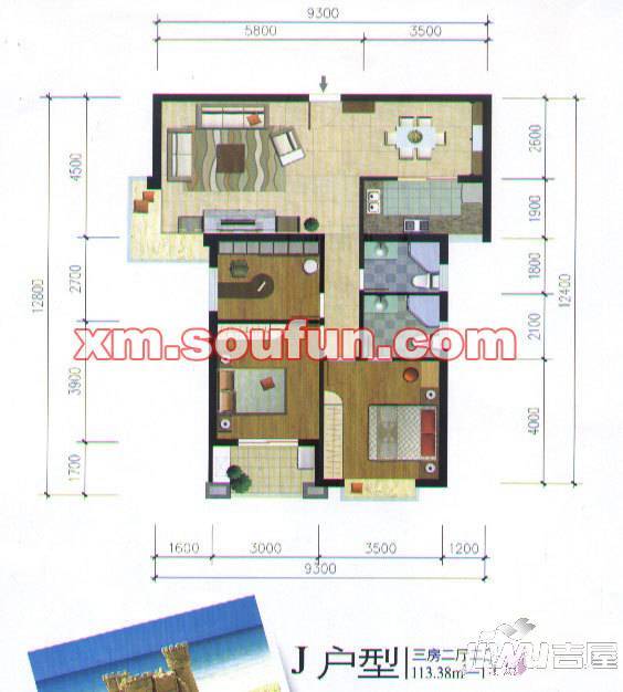 未来海岸蓝月湾3室2厅2卫114.8㎡户型图