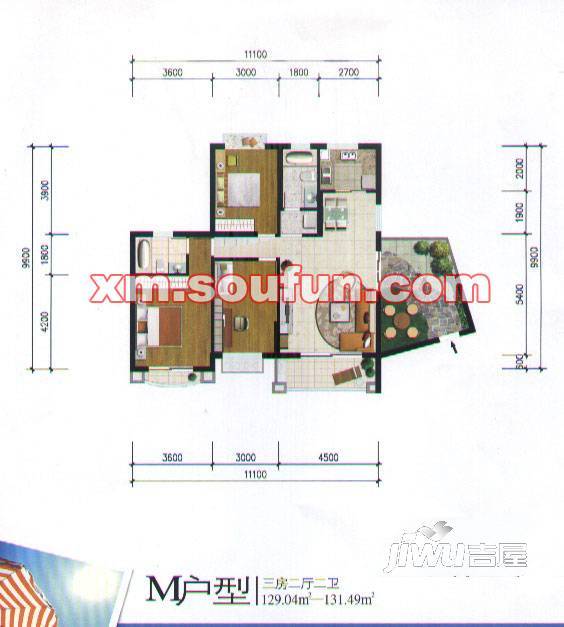 未来海岸蓝月湾3室2厅2卫130.7㎡户型图