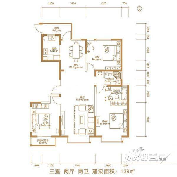 港龙花园3室2厅2卫135㎡户型图