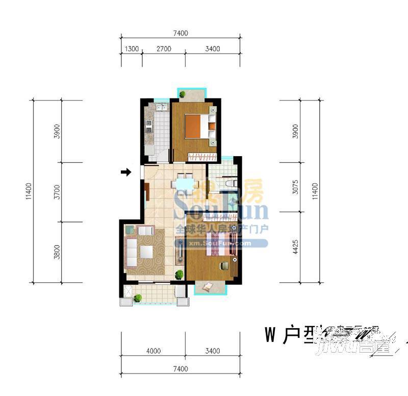 未来海岸系凌波2室2厅1卫95.4㎡户型图