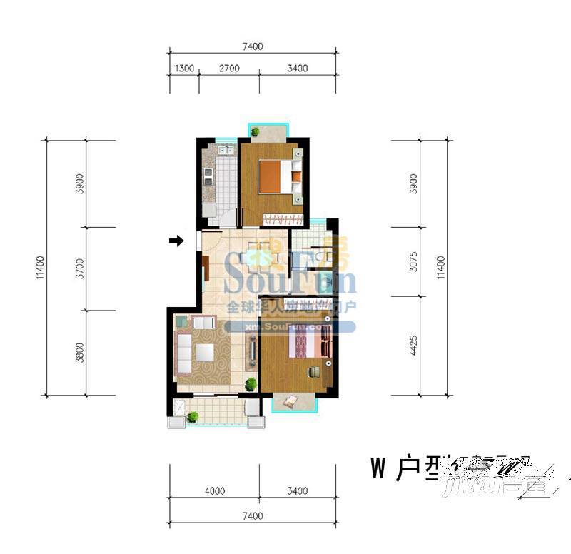 未来海岸系凌波2室2厅1卫95.4㎡户型图