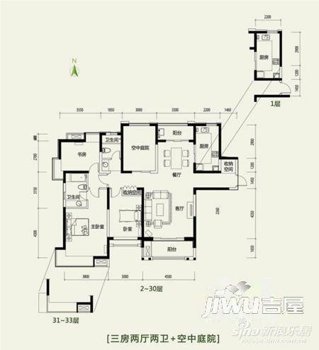 都市新巢3室2厅2卫74㎡户型图